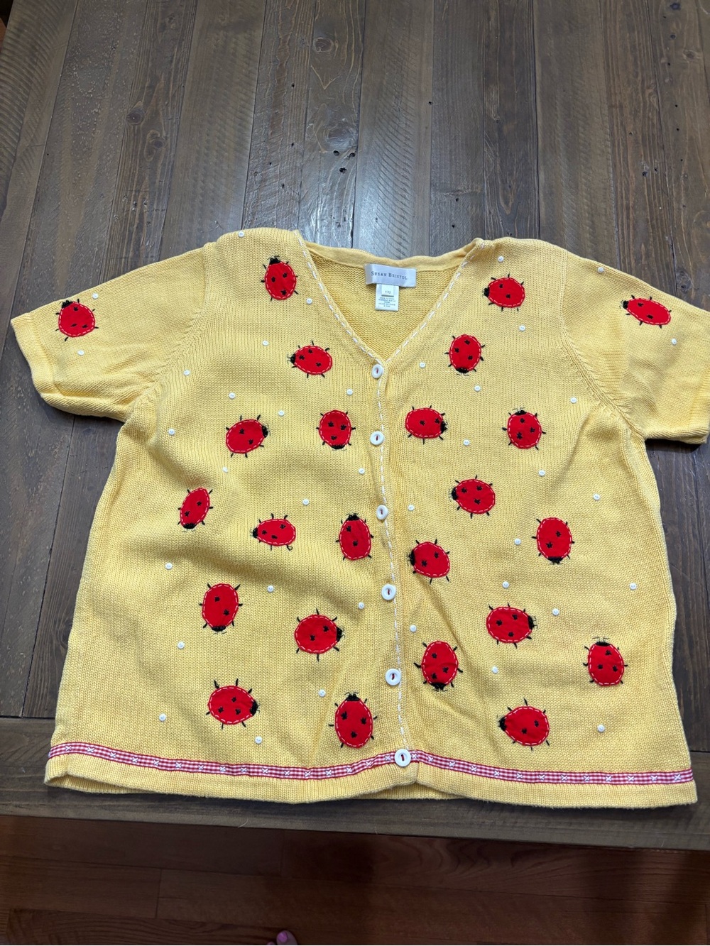 Susan Bristol Vintage Yellow Knit Button-Front Cardigan with Red Ladybugs